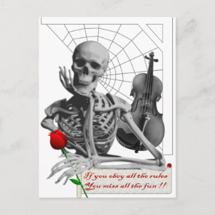 Rule Breaking Skeleton with Rose and Violin. Postcard