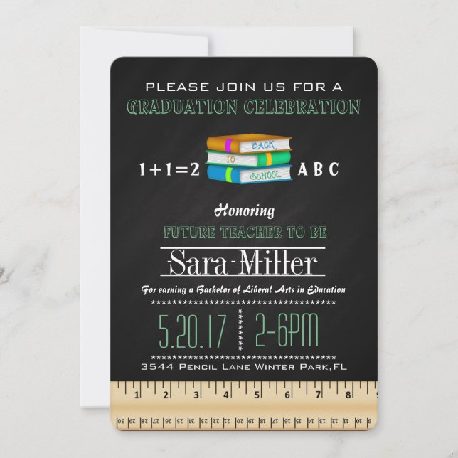 Ruler & Book Teacher Graduation Invitation (Front)