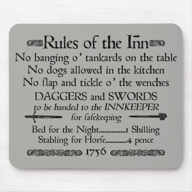 Rules of the Inn, 18th Century Innkeeper Sign Mouse Mat (Front)