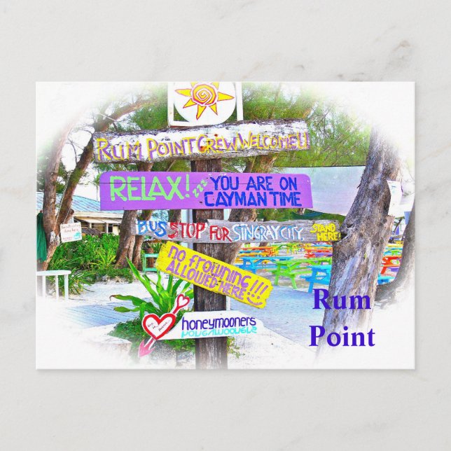 RUM POINT/GRAND CAYMAN/COLORFUL WOODEN SIGNS POSTCARD (Front)