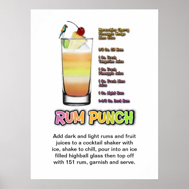RUM PUNCH Cocktail Recipe 18" x 24" Art Poster (Front)