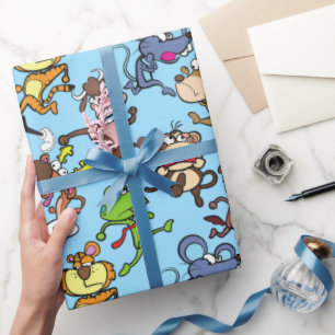 Run 2023, Cute Cartoons running around L Blue BG Wrapping Paper