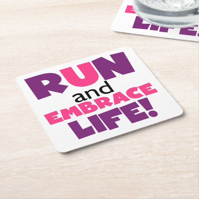 Run Embrace Life Purple Pink Square Paper Coaster (Angled)