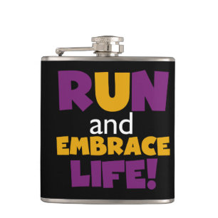 Run Embrace Life Purple Yellow Hip Flask