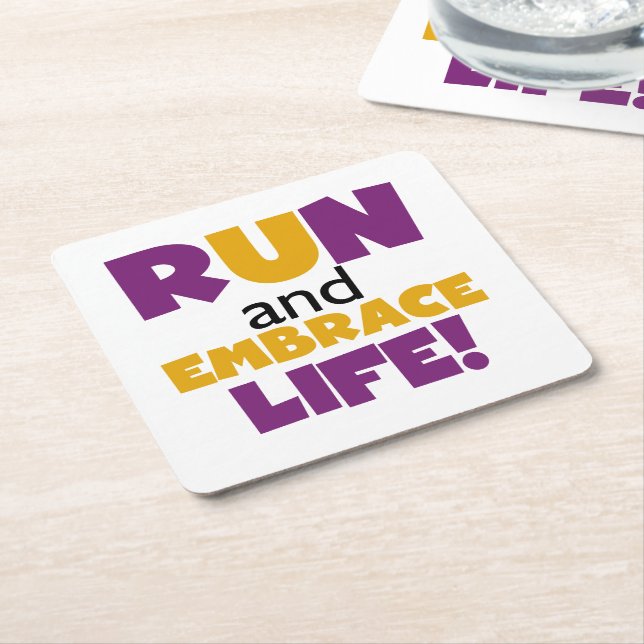 Run Embrace Life Purple Yellow Square Paper Coaster (Angled)