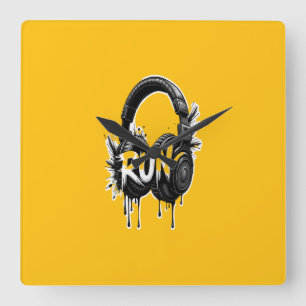 RUN Headphones Street Art Sticker Square Wall Clock