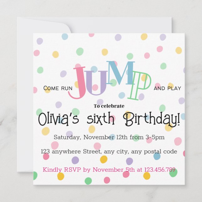 Run, jump ,play colourful dots invitation (Front)