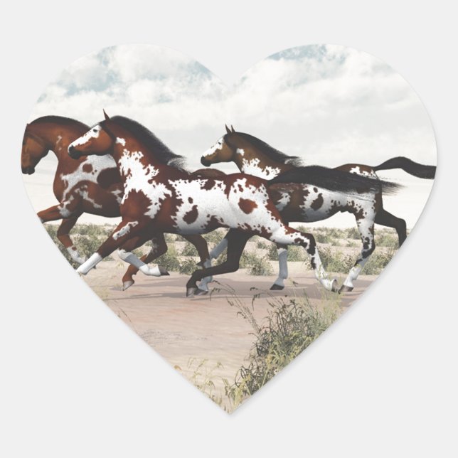 Run Like the Wind - Galloping Paint Horses Heart Sticker (Front)