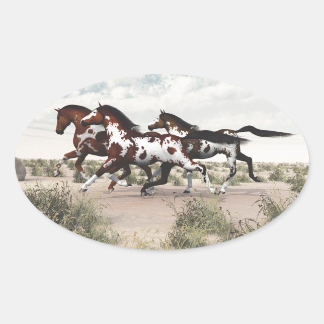 Run Like the Wind - Galloping Paint Horses Oval Sticker (Front)