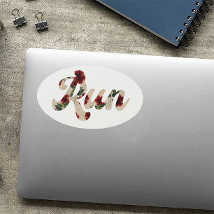 RUN Retro Type Vintage Rustic Hibiscus Pattern Oval Sticker