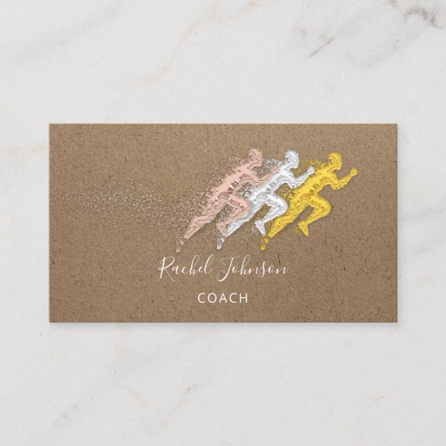 Run Sport Coach Athlete Logo Instructor QR Kraft Business Card (Front)