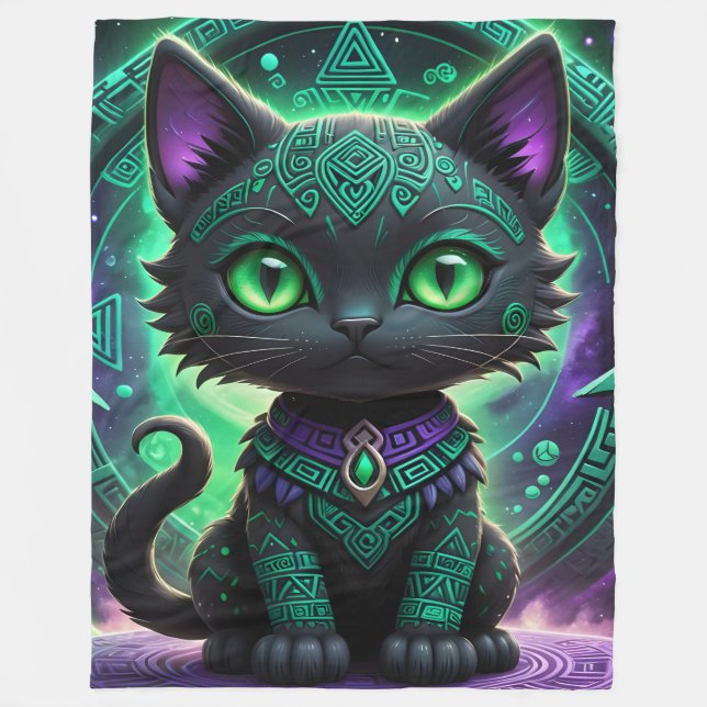 Rune Green Cat Fleece Blanket (Front)