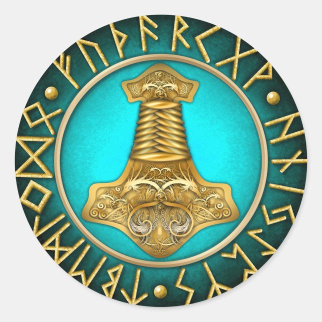 Runes - Thors Hammer - Teal Classic Round Sticker (Front)