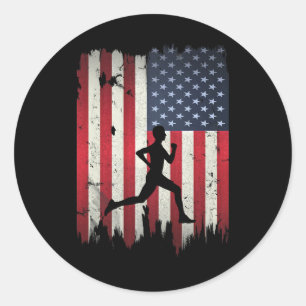 Runner Running Usa American Flag 4th Of July Patri Classic Round Sticker