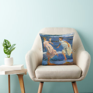 Running along the Beach by Joaquin Sorolla Cushion