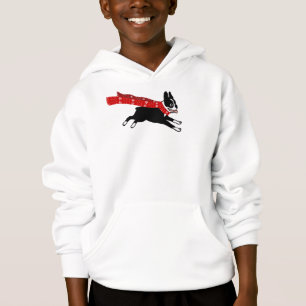 Running Boston Terrier Wearing Red Winter Scarf