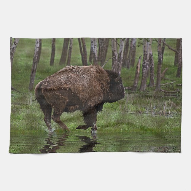 Running Buffalo & Forest, Bison-lover's Design Tea Towel (Horizontal)