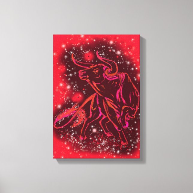 Running Bull At Red Starry Night Canvas Print (Front)