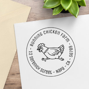 Running Chicken Farm Round Address Rubber Stamp
