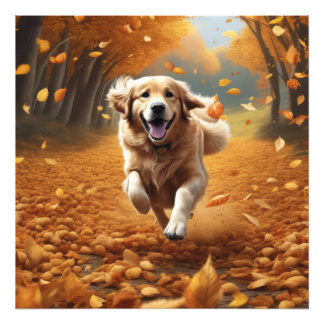 Running Dog in Autumn Leaves Art Print, Nature Art Photo Print
