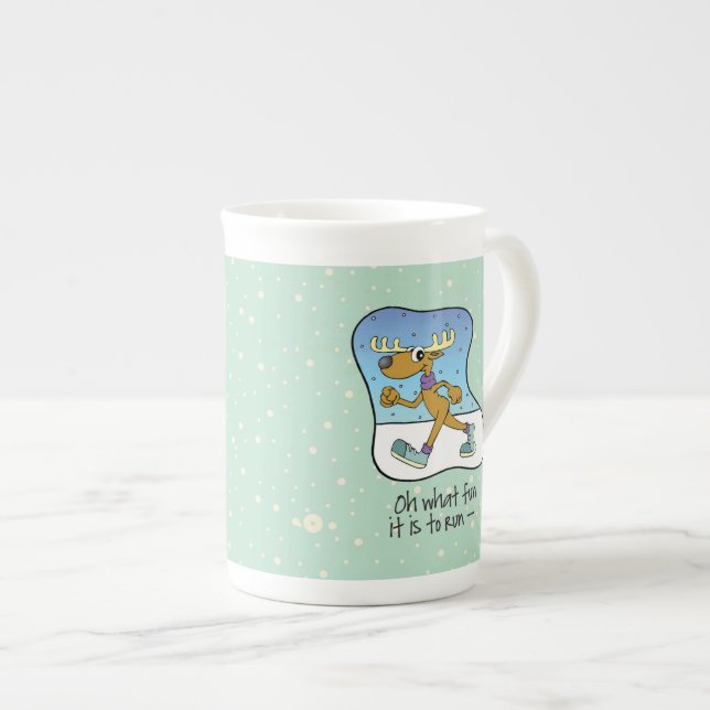 Running Exercise Reindeer Christmas Bone China Mug (Front Right)