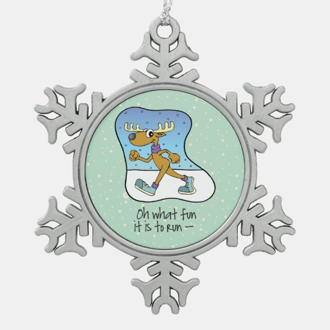 Running Exercise Reindeer Christmas Snowflake Pewter Christmas Ornament (Front)