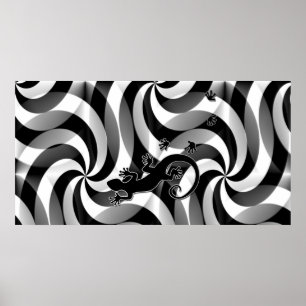 Running Gecko - swirls black & white Poster
