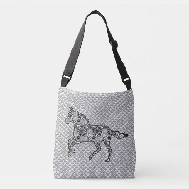 Running Horse Silhouette, Mixed Prints Silver Grey Crossbody Bag (Front)