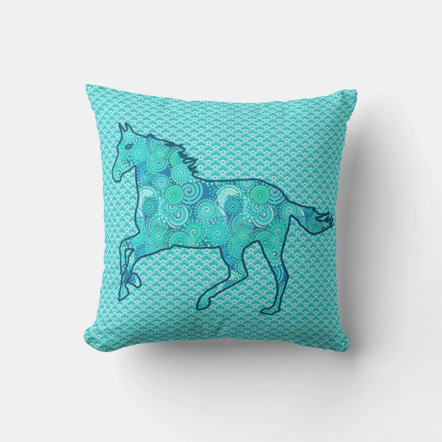 Running Horse Silhouette, Turquoise and Aqua Cushion (Front)