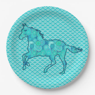 Running Horse Silhouette, Turquoise and Aqua Paper Plate