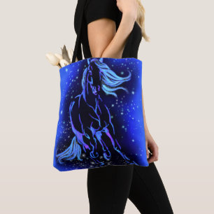 Running Horse Tote Bag Blue Moonlight Night