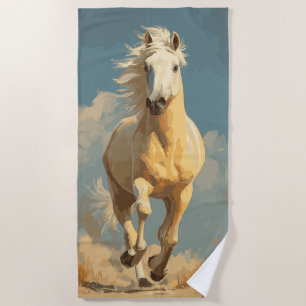 Running Horse Vintage Illustration in Warm Tones Beach Towel