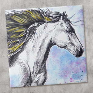 Running Horse Watercolor and Ink Equine art Tile