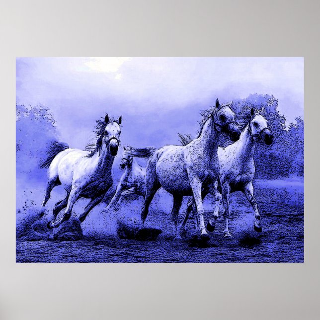 Running Horses in Blue Night Artwork Poster (Front)