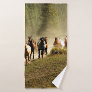 Running horses on Montana ranch Bath Towel