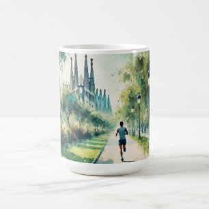 Running in Barcelona Spain Watercolor Painting Coffee Mug
