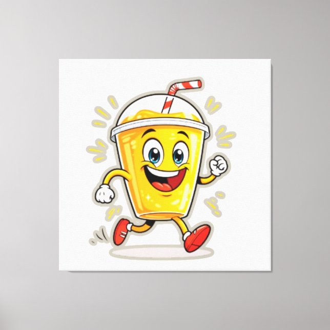 **Running Juice Cup Cartoon – Fun Street Drink Cha Canvas Print (Front)