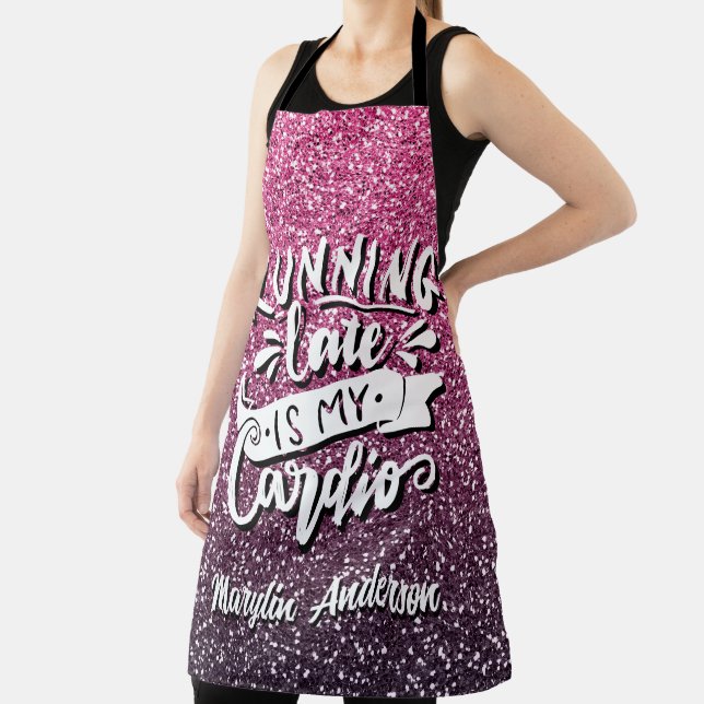 RUNNING LATE IS MY CARDIO GLITTER TYPOGRAPHY APRON (Insitu)
