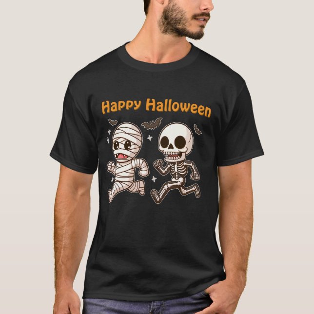 Running Mummy & Skeleton – Cute Halloween Duo T-Shirt (Front)