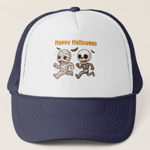 Running Mummy & Skeleton – Cute Halloween Duo Trucker Hat