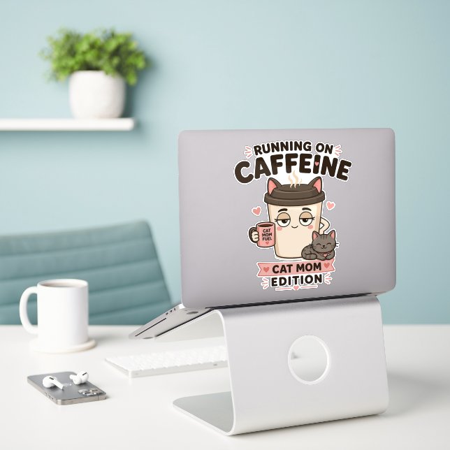 Running On Caffeine Funny Cat Mum Laptop Sticker (Laptop On Desk)