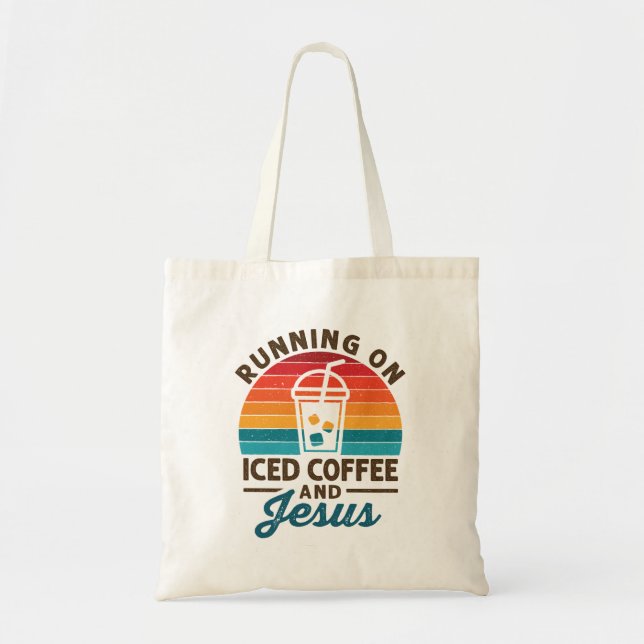 Running on Iced Coffee and Jesus Retro Tote Bag (Front)