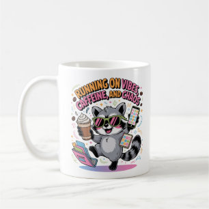 Running on Vibes, Caffeine and Chaos Chibi Raccoon Coffee Mug
