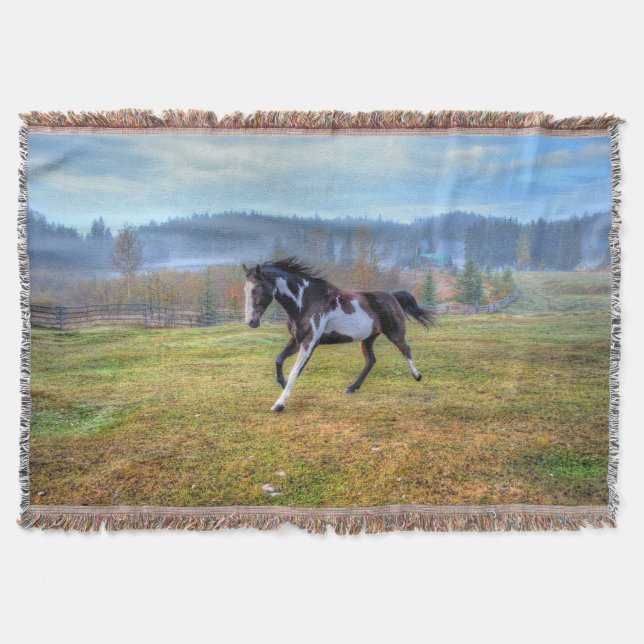 Running Pinto Paint Horse & Misty Morning on Ranch Throw Blanket (Front)