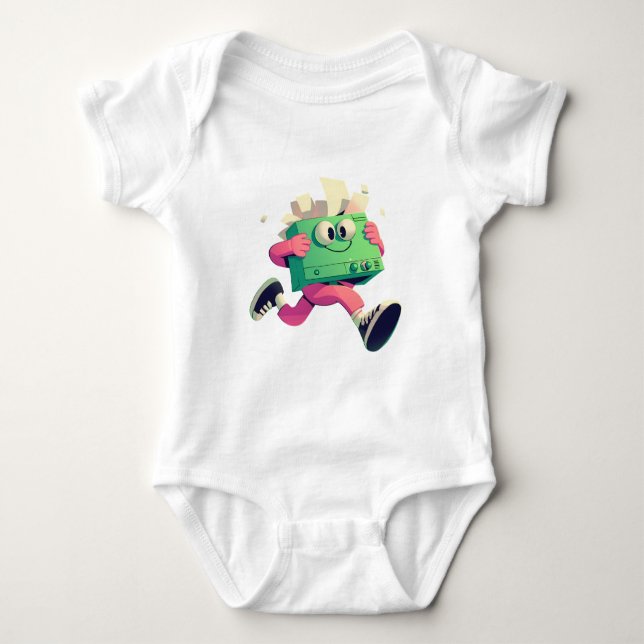 Running Printer with Flying Papers – Tech Humor Baby Bodysuit (Front)
