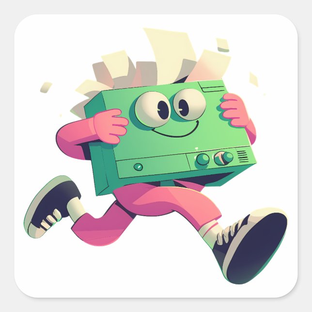 Running Printer with Flying Papers – Tech Humor Square Sticker (Front)