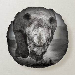 Running Rhinoceros: Wild Animal Portrait. Round Cushion