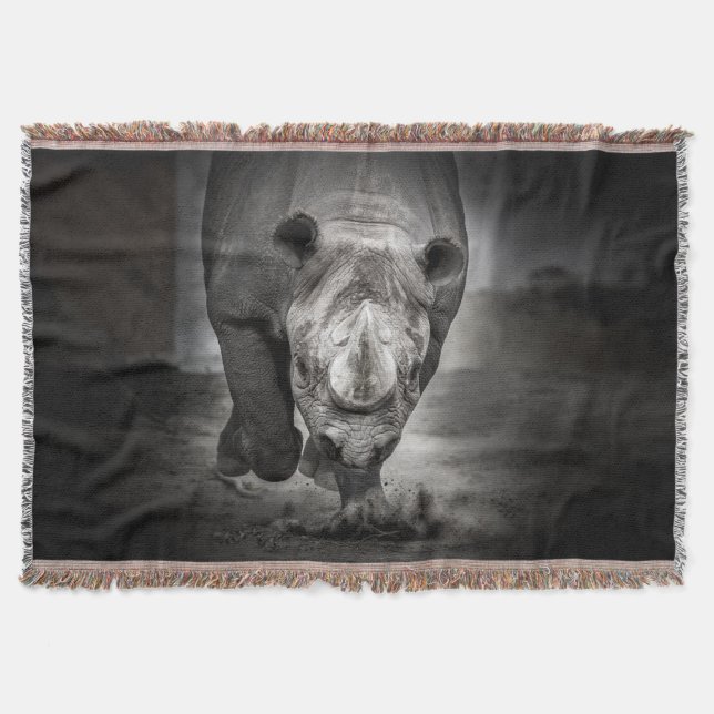Running Rhinoceros: Wild Animal Portrait. Throw Blanket (Front)