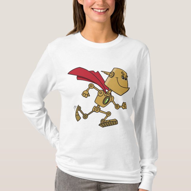 Running Robot Superhero Cartoon Character T-Shirt (Front)