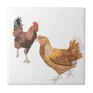 Running Rooster and Brown Hen Tile